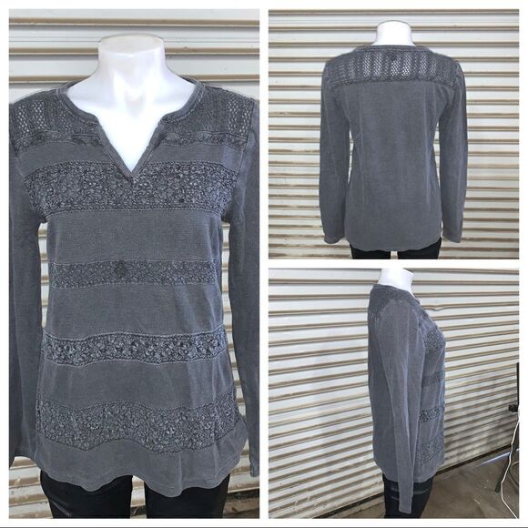Lucky Brand cotton blend long sleeve topdistressed - Picture 1 of 8